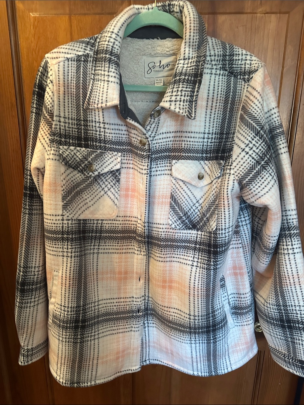 Soho Plaid Teddy Shacket in Peach, Black & White